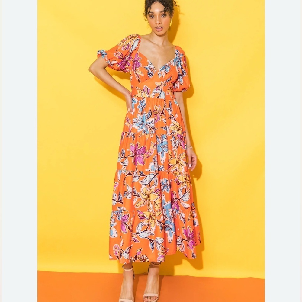 Flying Tomato Small Only Lovers Left Alive Orange Floral Midi Sweetheart‎ Dress